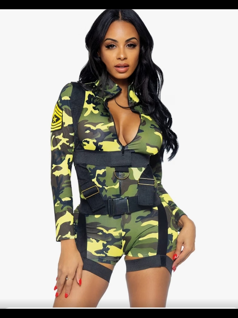 Women's Military Costume Camo Zip-Front Long Sleeve Bodysuit